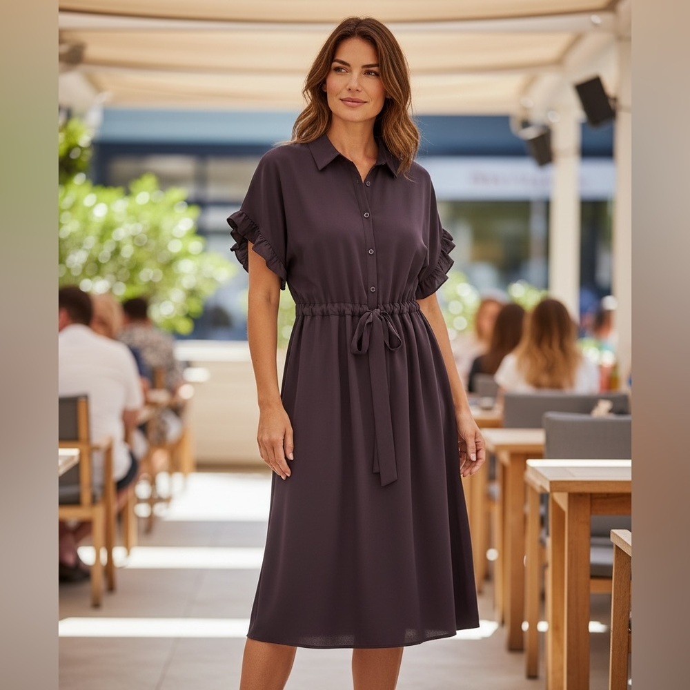 Piper & Scoot Peasant Shirt Dress Collared Cinch Tie Waist Ruffle Sleeves Purple